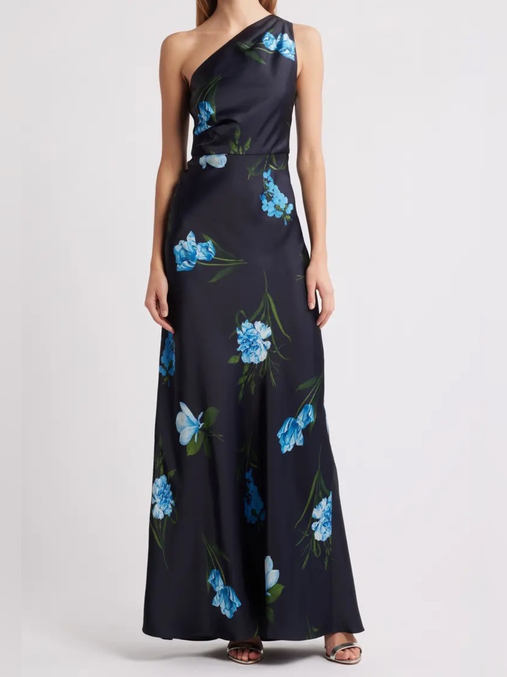 Sachin & Babi Delphine Floral One-Shoulder Satin Crepe Gown Sz 4